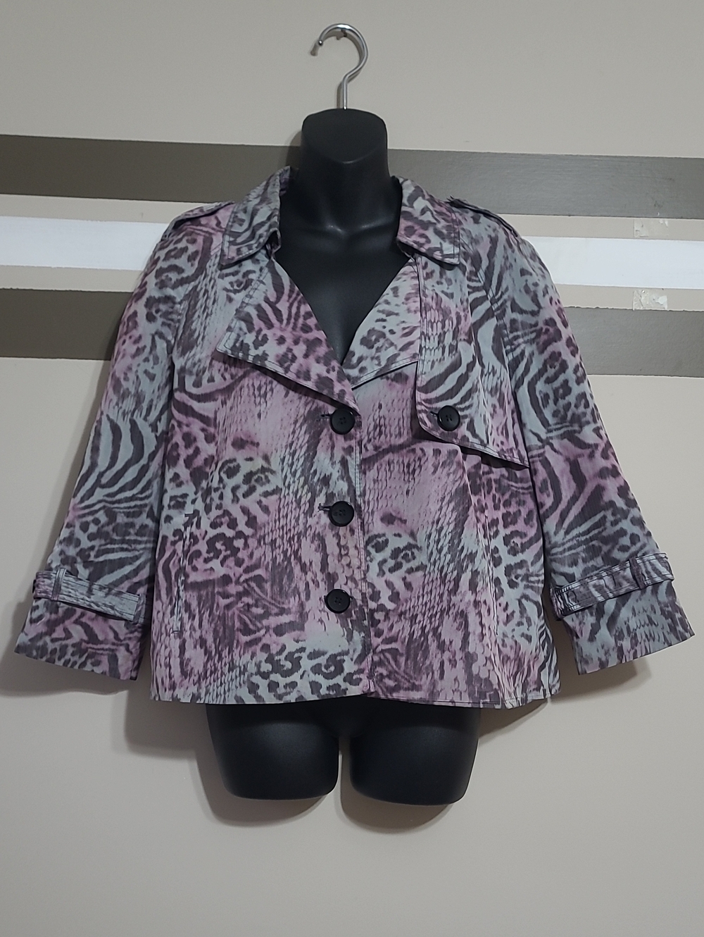 NWOT Nygard Collection Pink & Grey Animal-Print Cropped Trench Coat Sz 16P